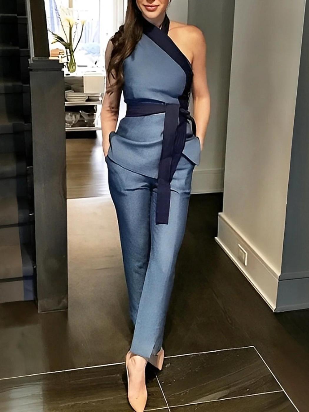 Tanks & Camis | Elegant Color Block Asymmetrical Faux Denim Top With Belt - Women